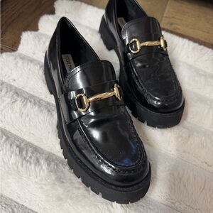 Steve Madden Glossy Black Loafers with Gold Detail